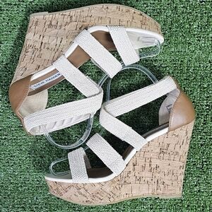 STEVE MADDEN | CAMDYN BRAIDED COTTON CANVAS STRAPPY PLATFORM CORK WEDGES
